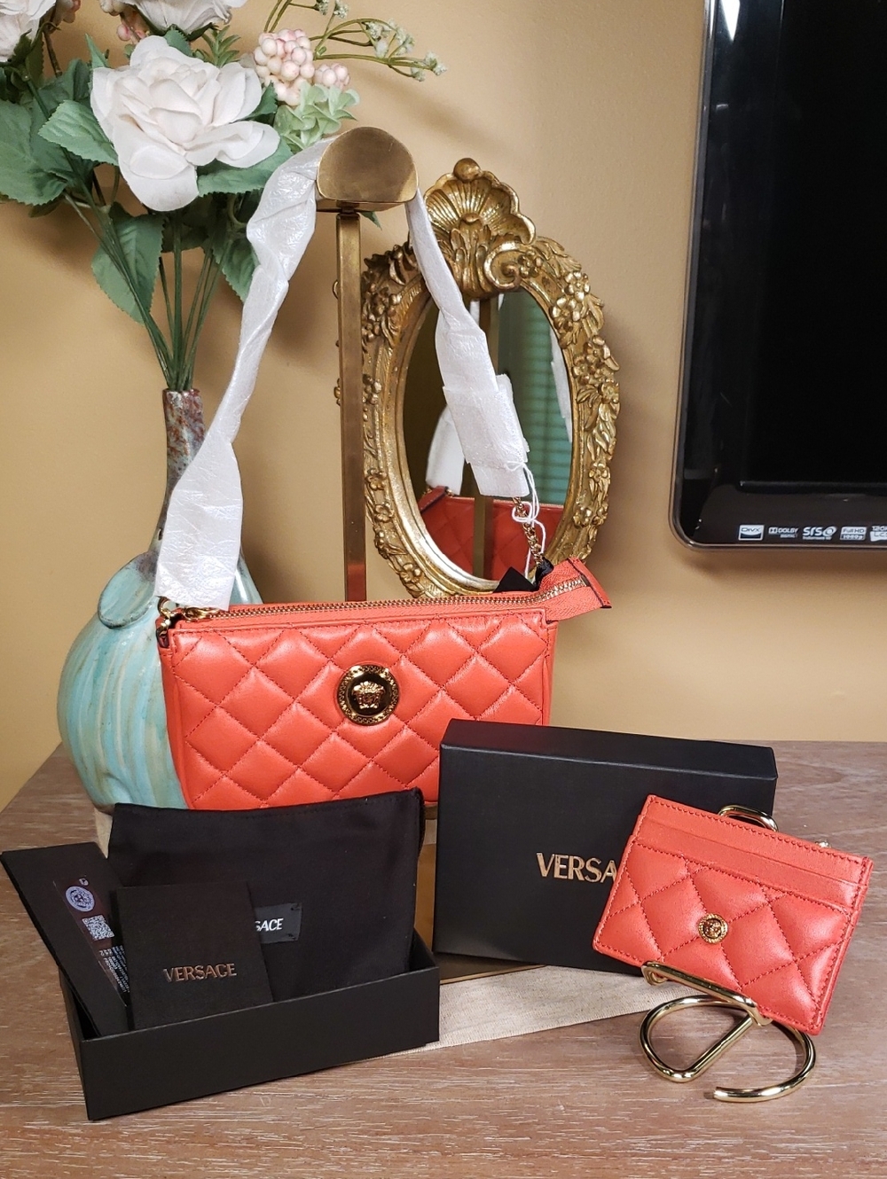 Versace Quilted Leather Shoulder Bag, Gold Medusa & Card Holder  (Retail $1375)